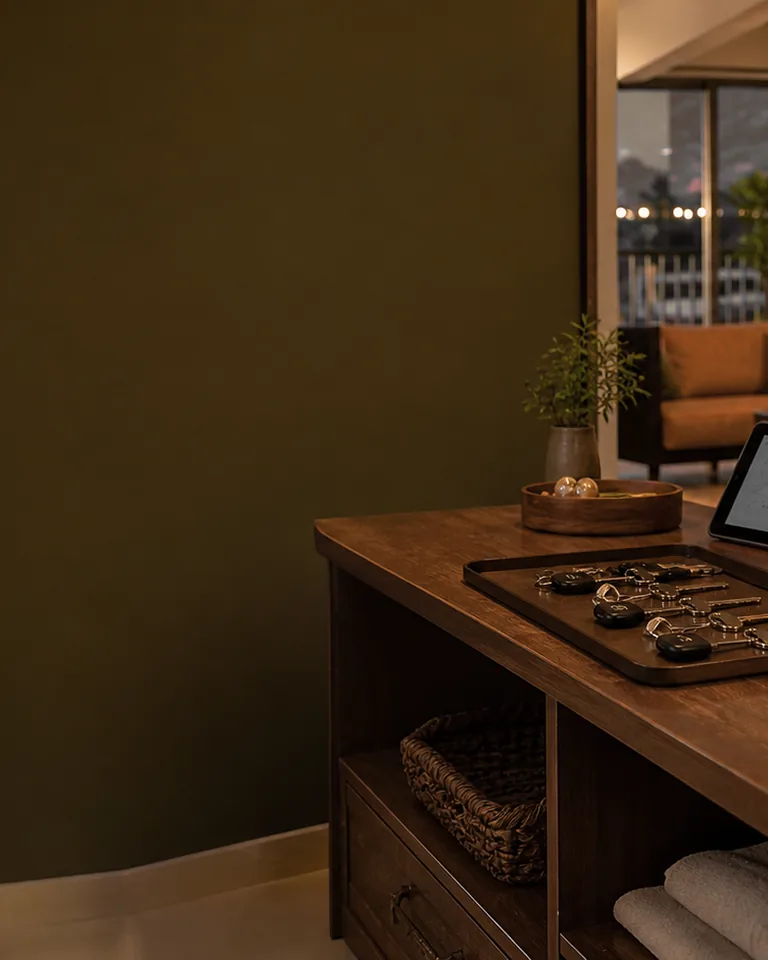 A key on a tray beside folded linen in a warm room