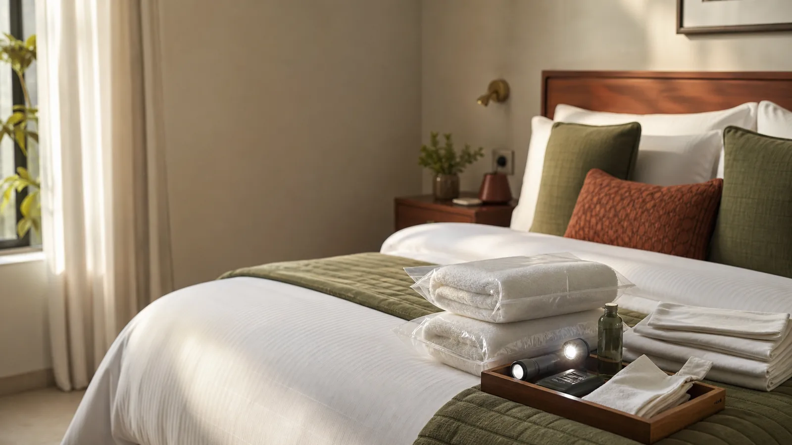 A bed made up, towels bagged and an amenity tray laid out
