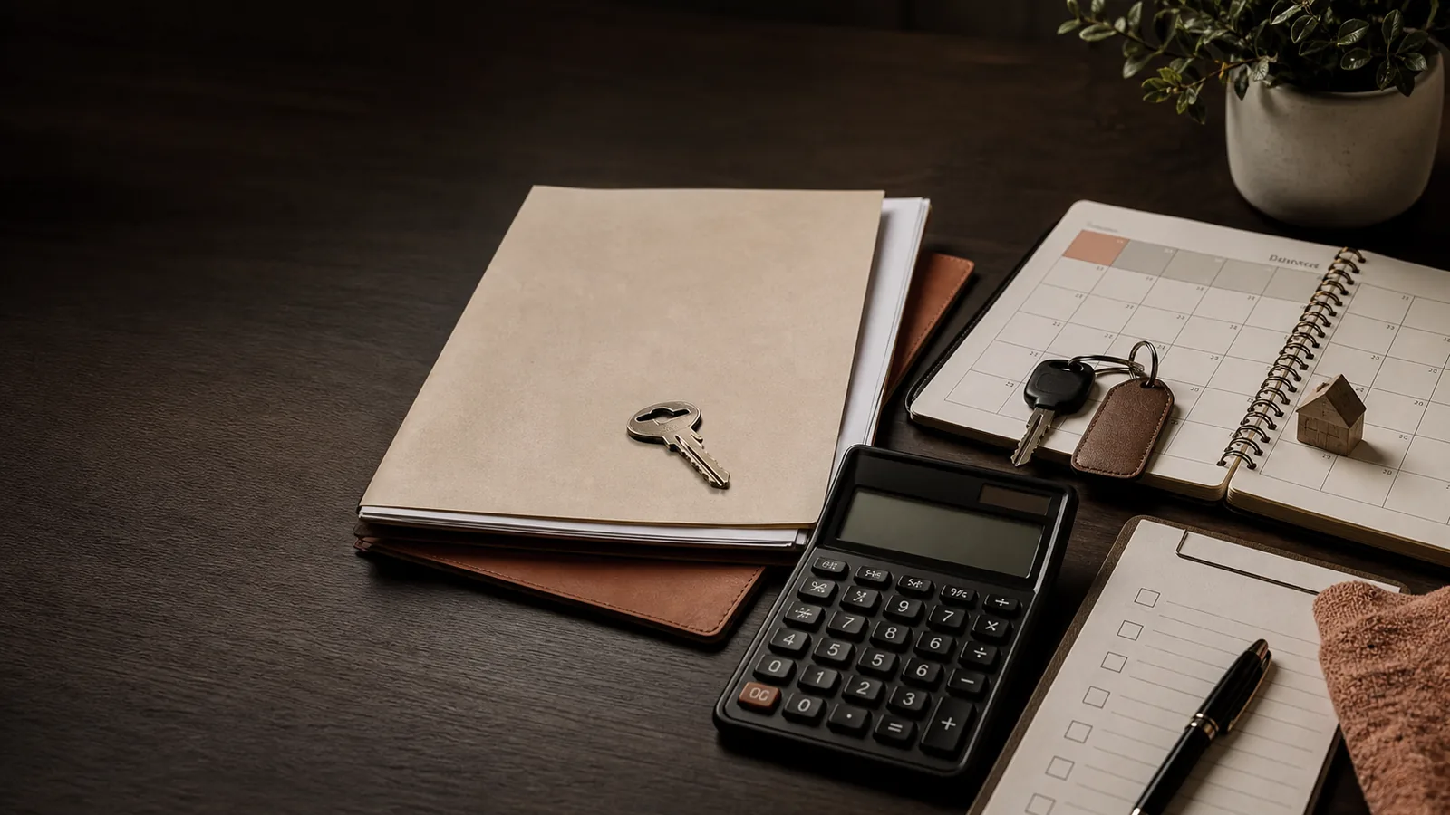 A folder, a key and a calculator on a desk
