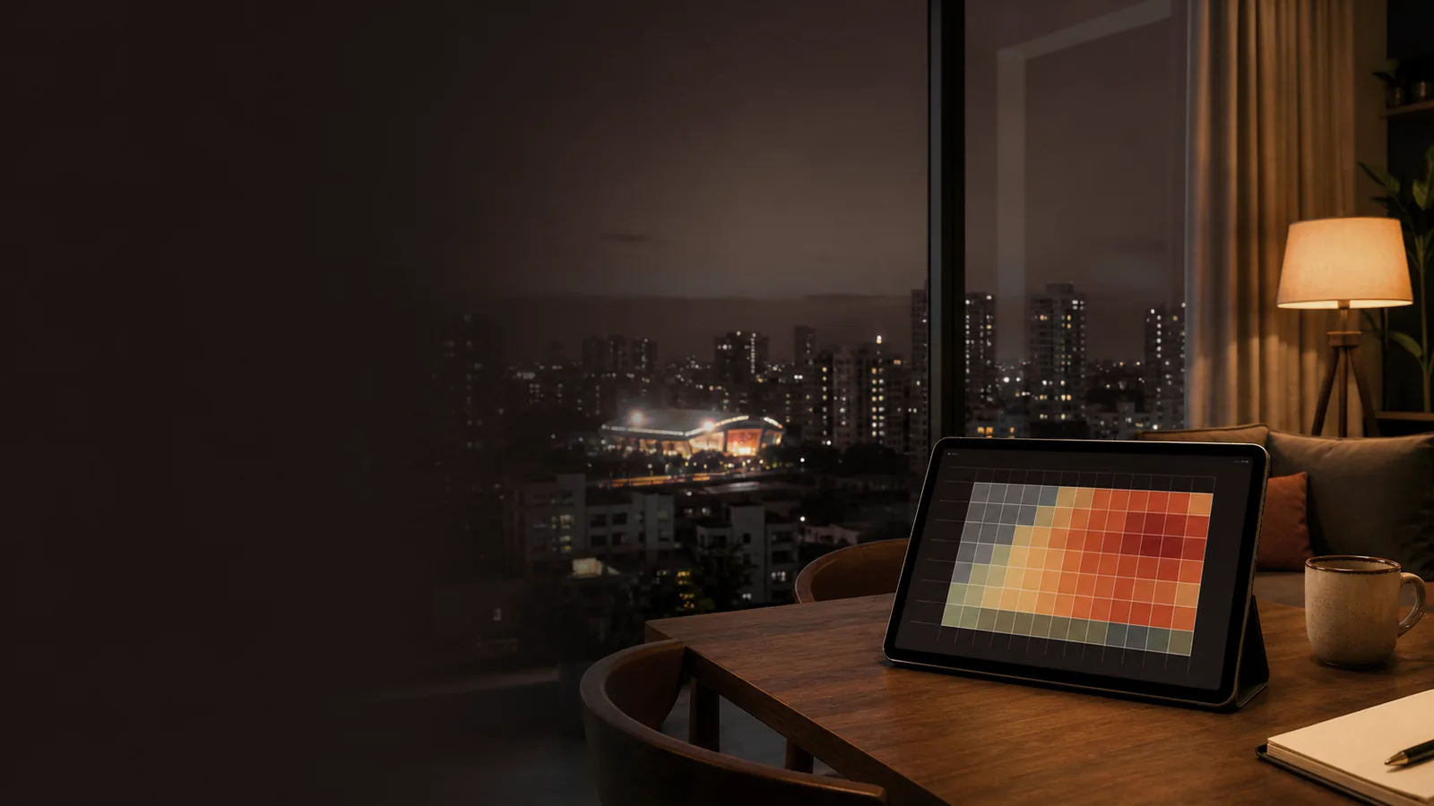 A demand grid on a tablet, city lights beyond the window