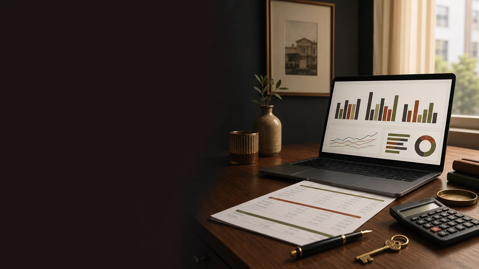 A statement beside a laptop of charts