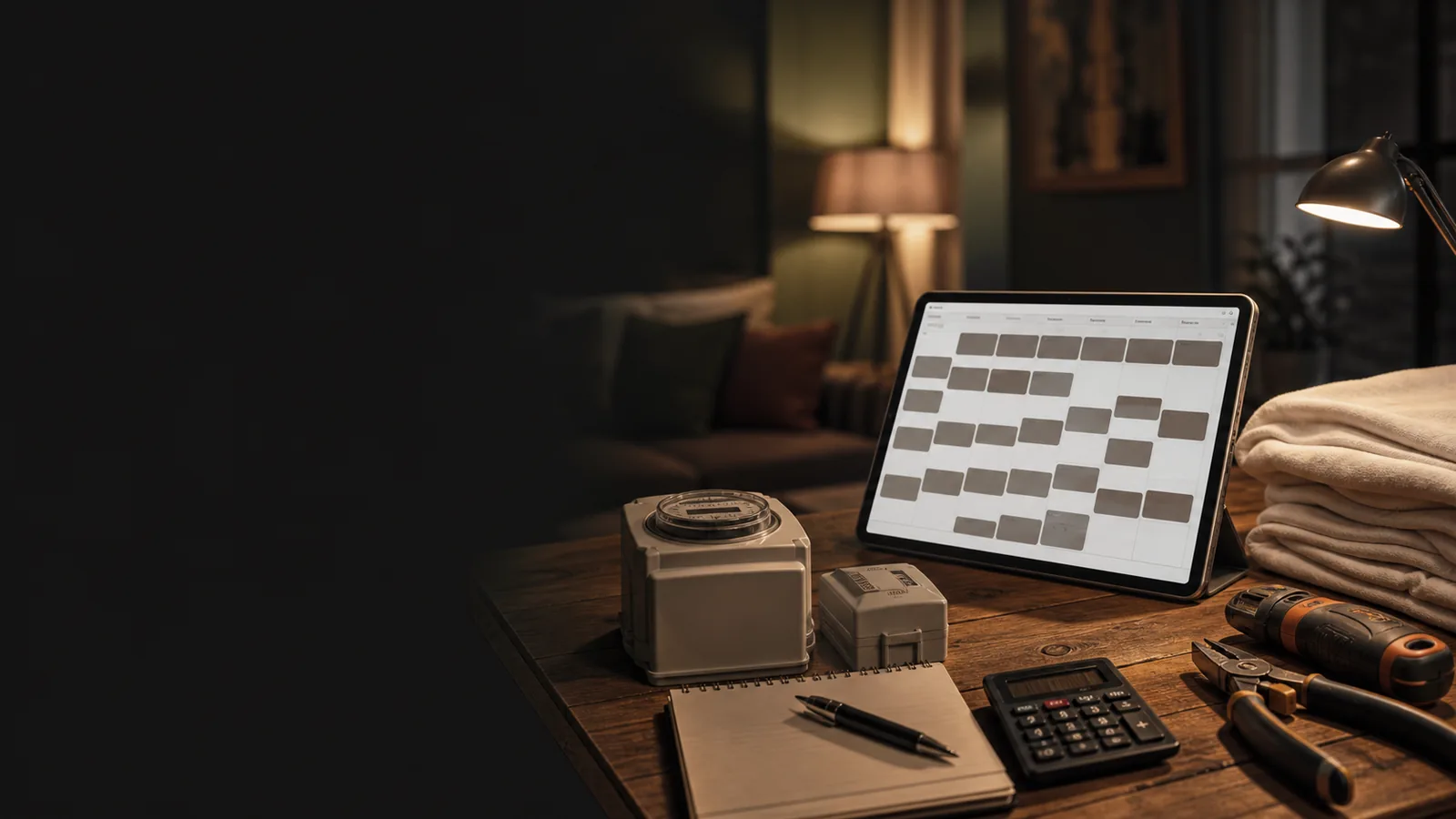 A month of bookings on a tablet, tools and linen alongside