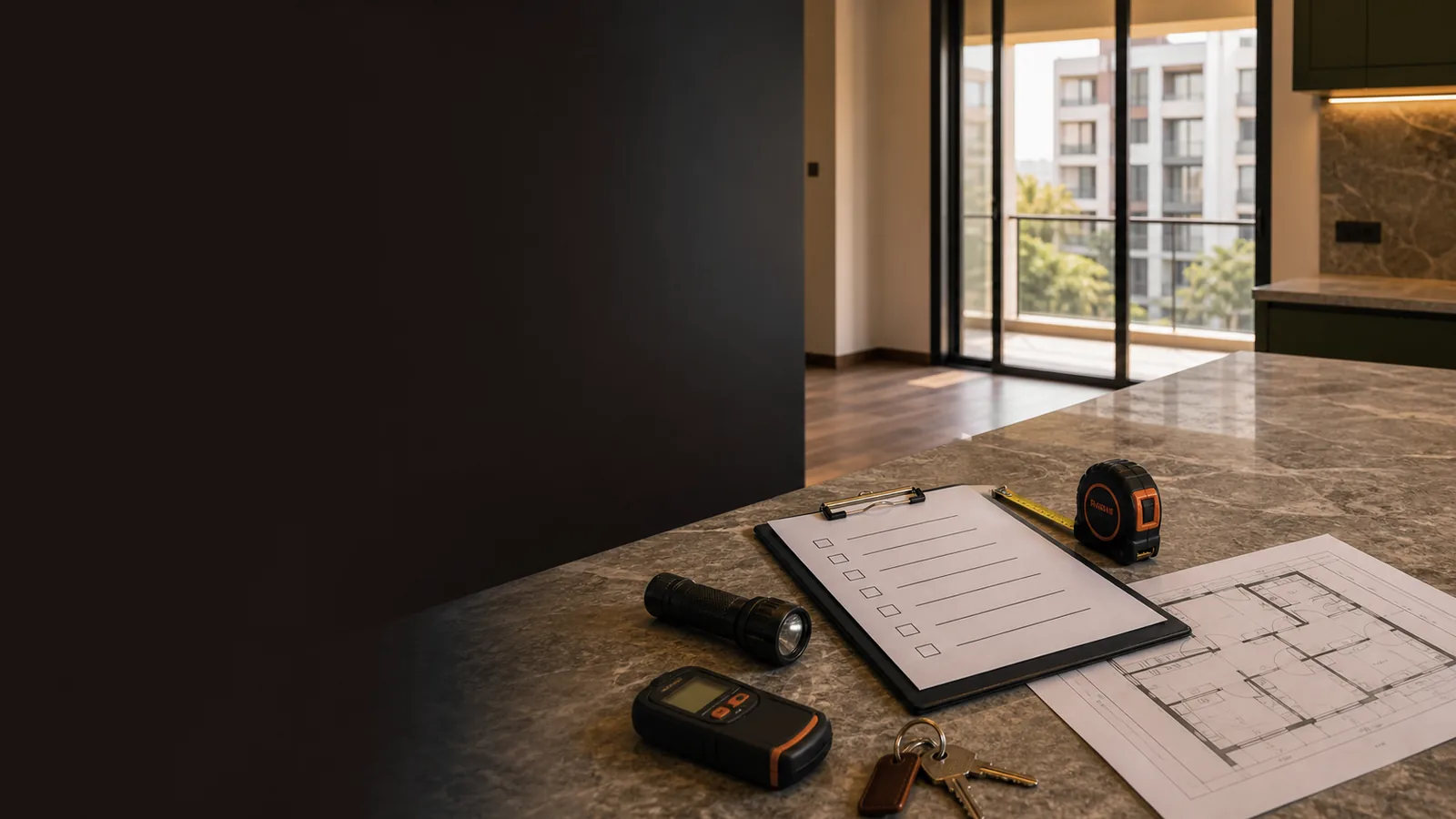 An empty apartment, a checklist and a floor plan on the counter