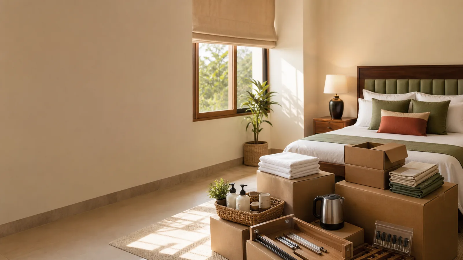 A bedroom mid setup, boxes and amenities waiting