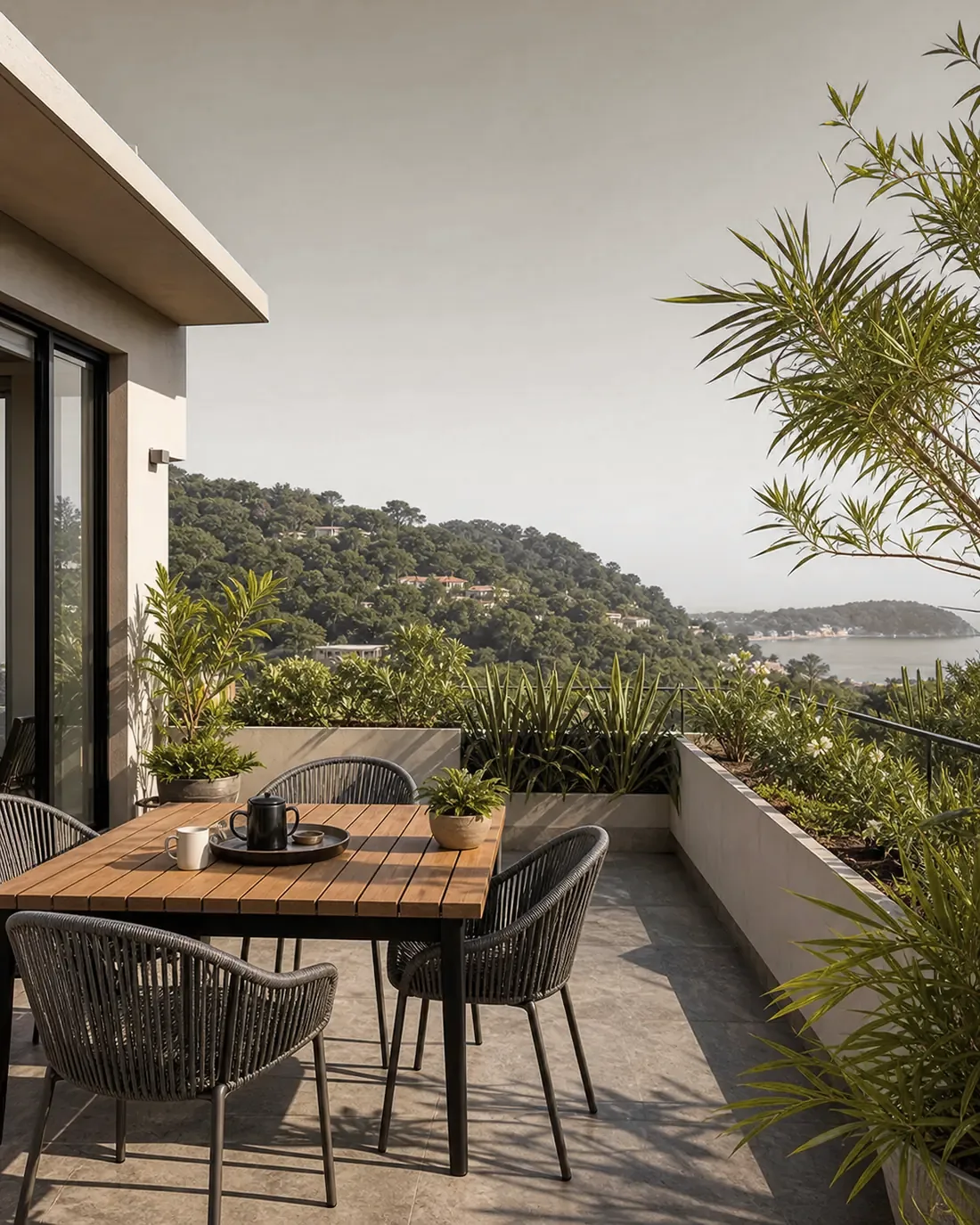 A terrace set with tables, ready for guests