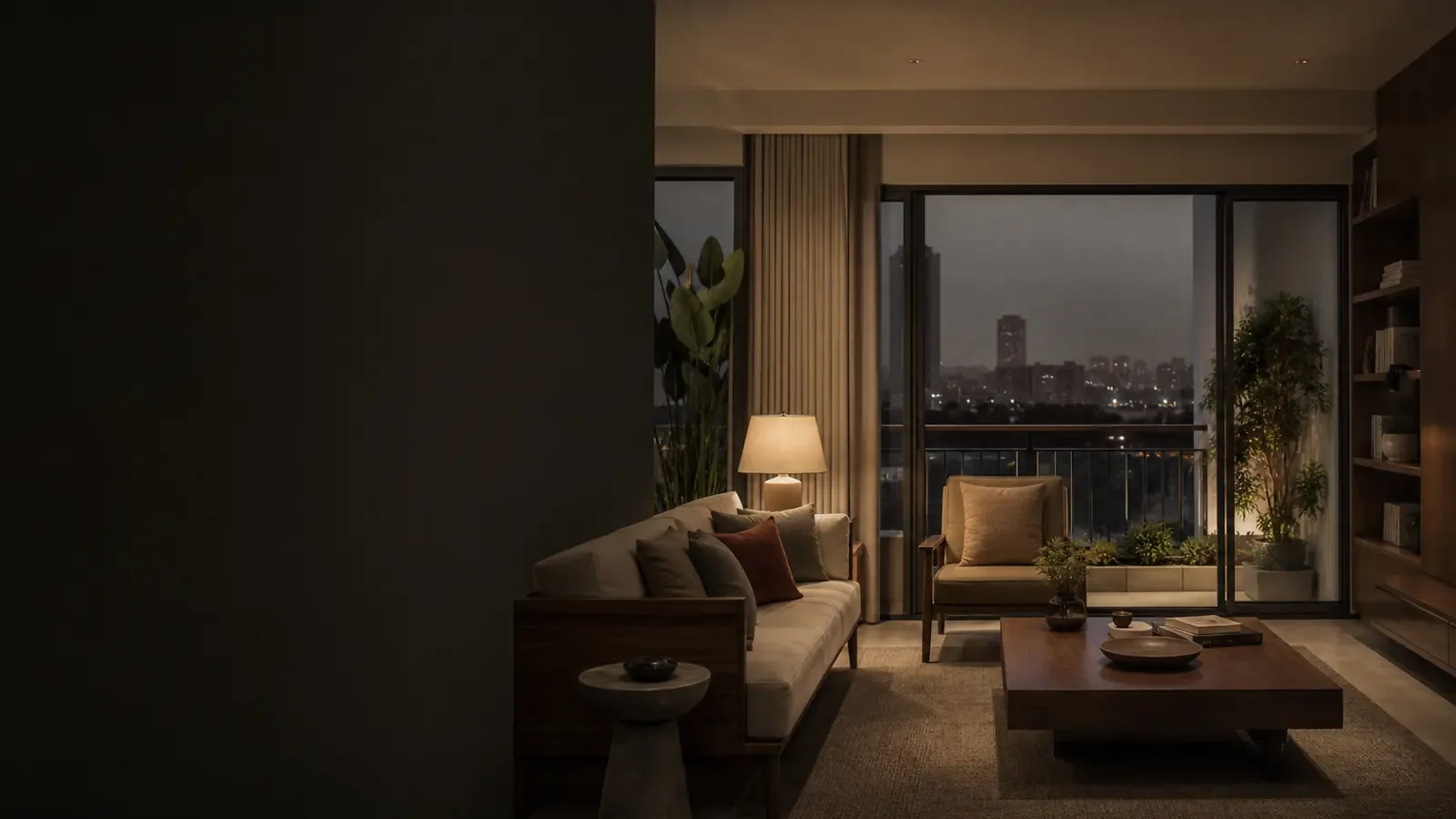 A living room at dusk, lamp lit, city beyond the balcony