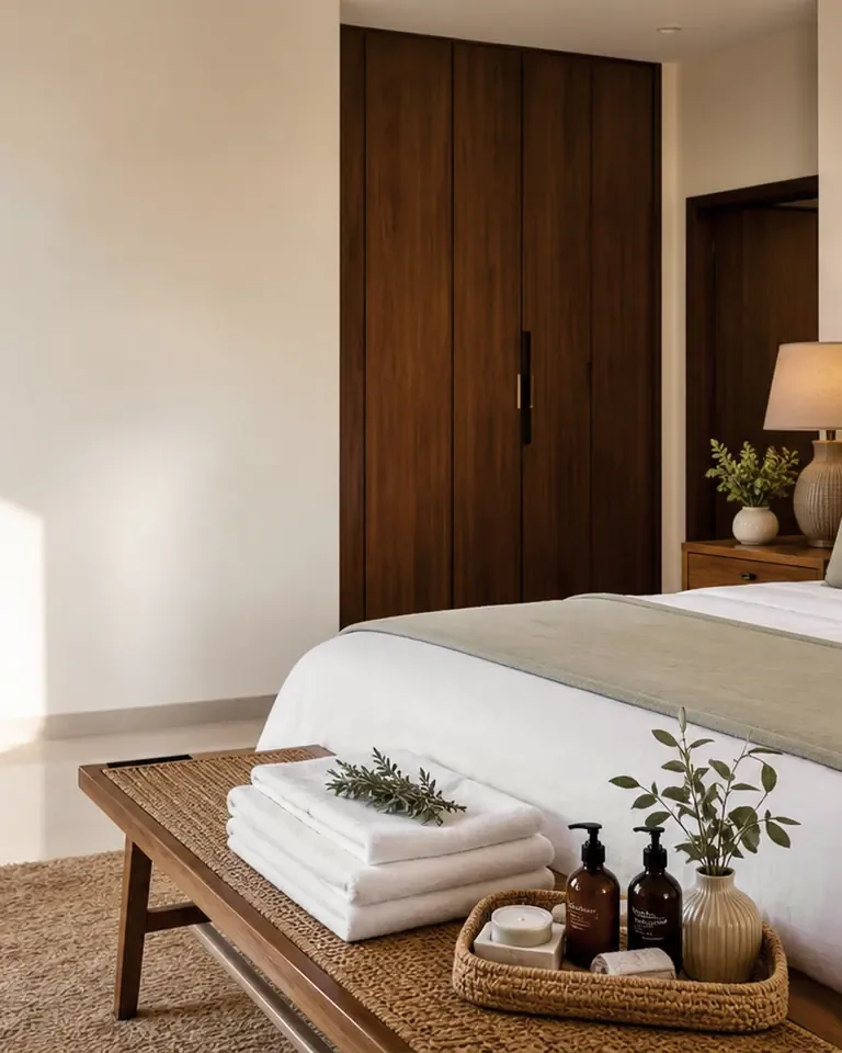 A guest bedroom made up with fresh linen and towels