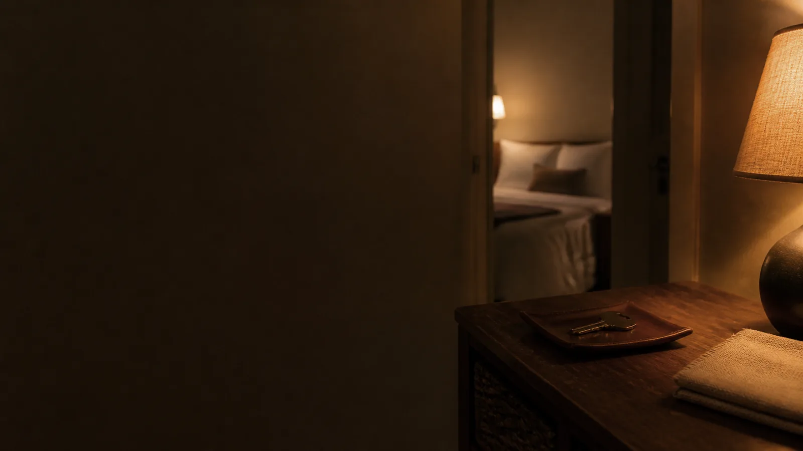 A key on a leather tray beside folded linen, a prepared room through the doorway