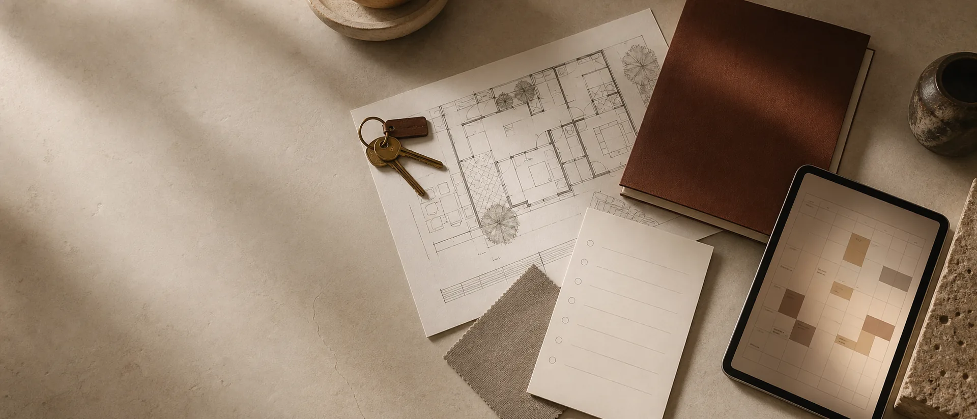A floor plan, keys, a folder and material swatches laid out on a table