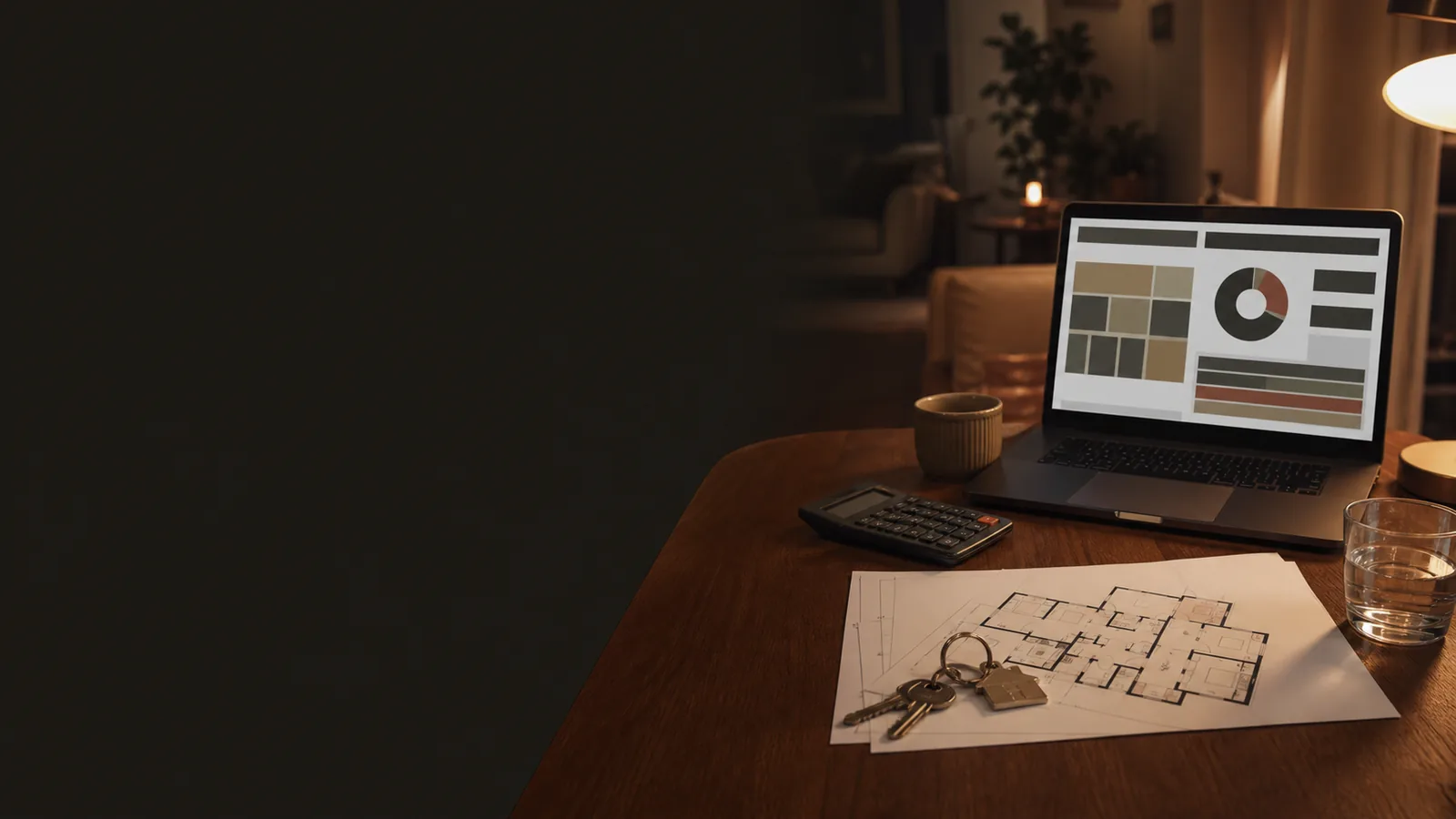 A desk at night, a floor plan open beside a laptop