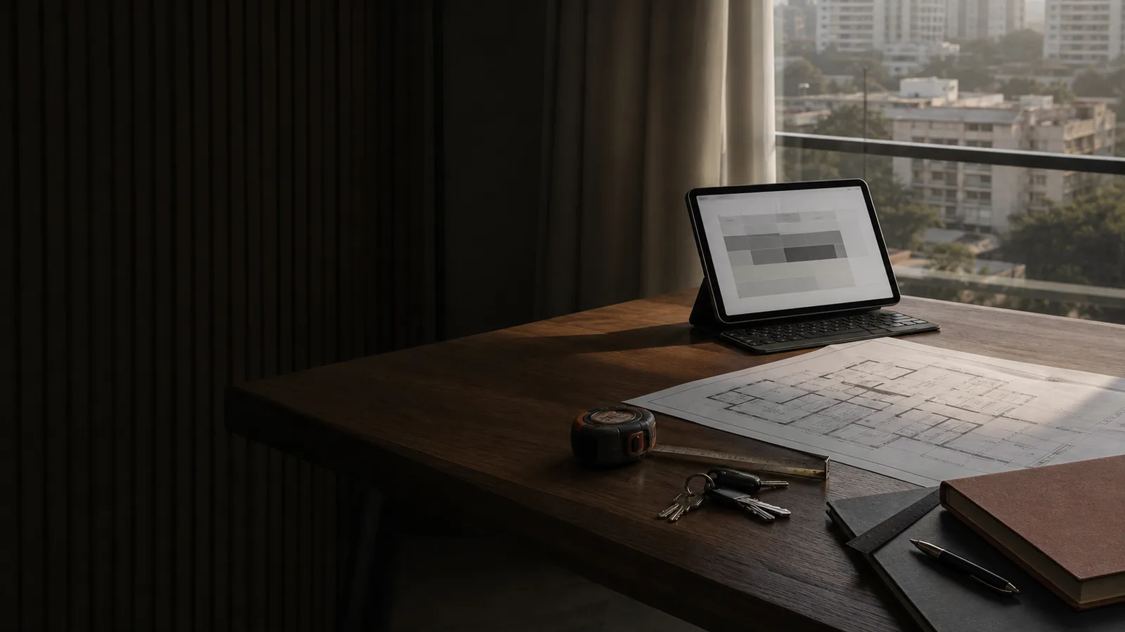 A desk at a window, a floor plan and keys beside a tablet