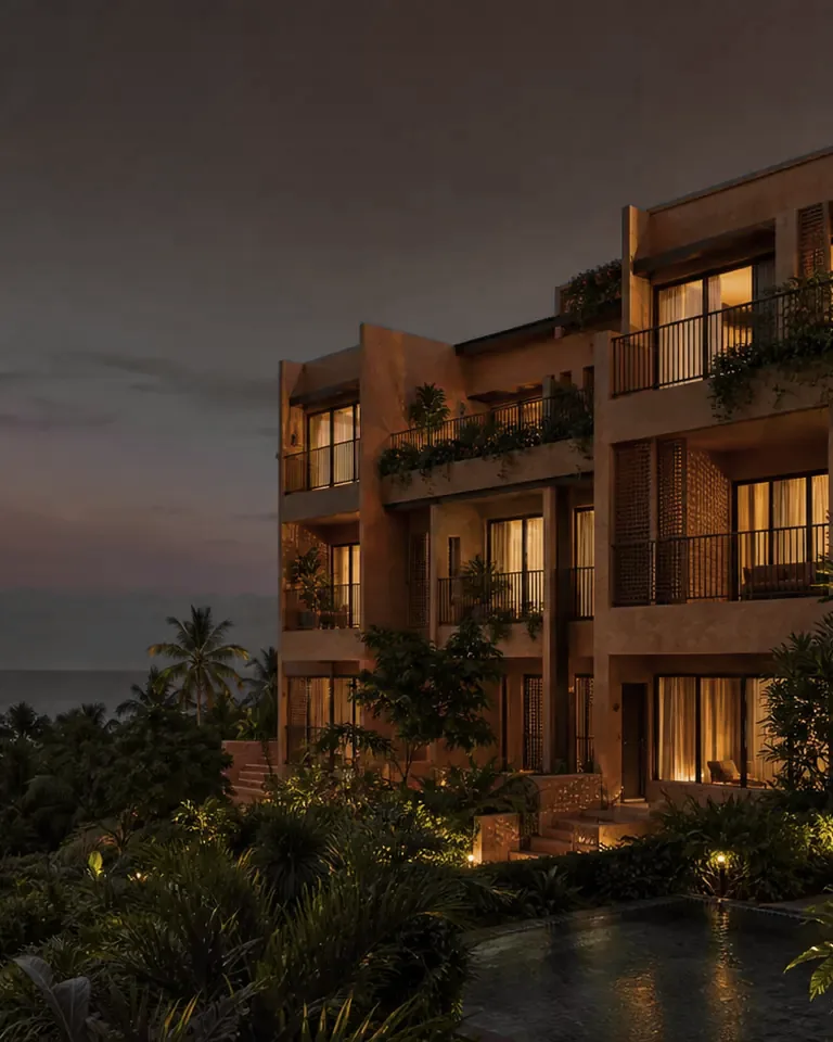 A coastal property lit for the evening