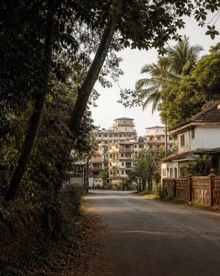 A residential lane of houses and low buildings under palms