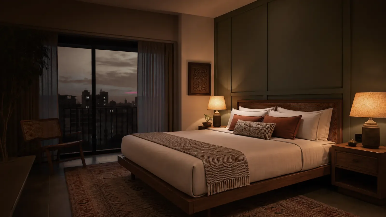 A bedroom at dusk, bedside lamps lit, city beyond the balcony