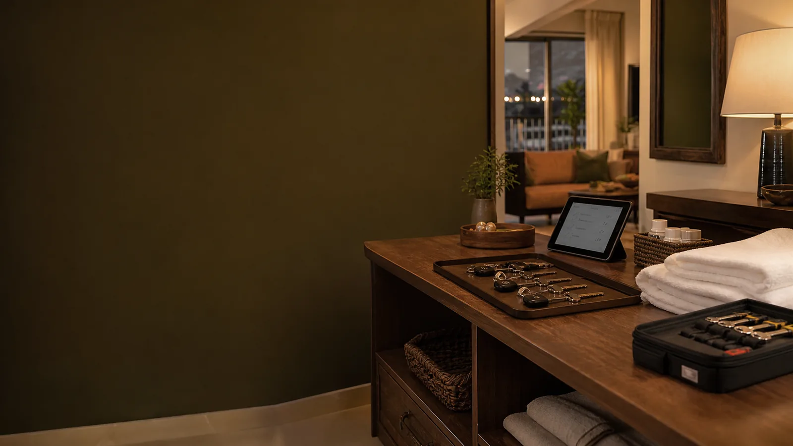 A key tray and a tablet on a console at the end of the day