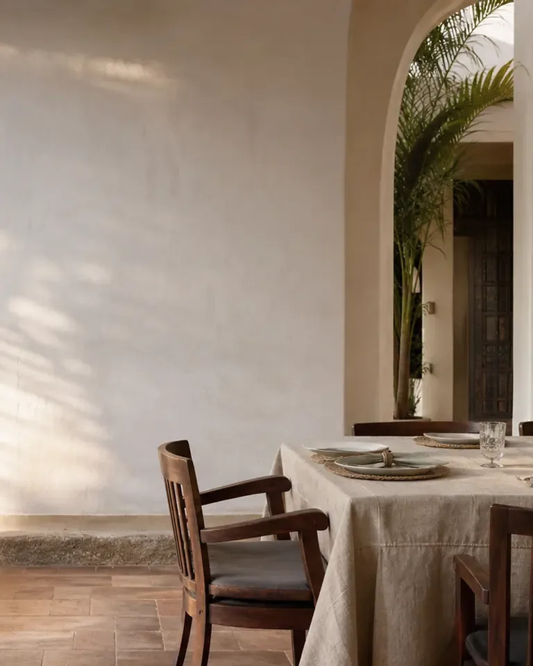 A shaded courtyard table laid for guests