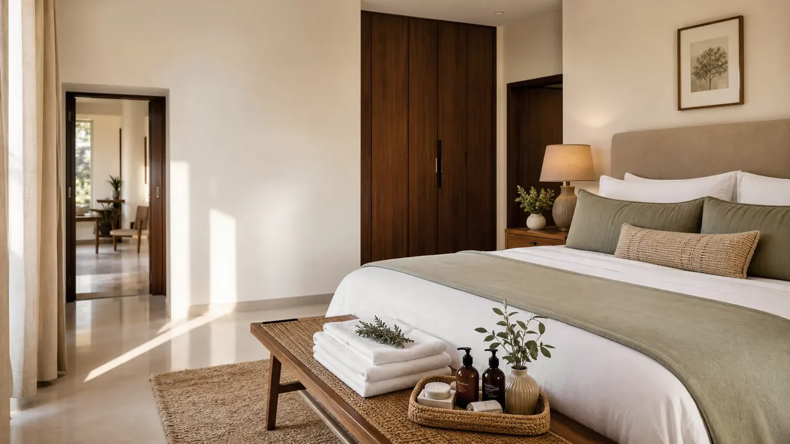 A guest bedroom prepared to hotel standard