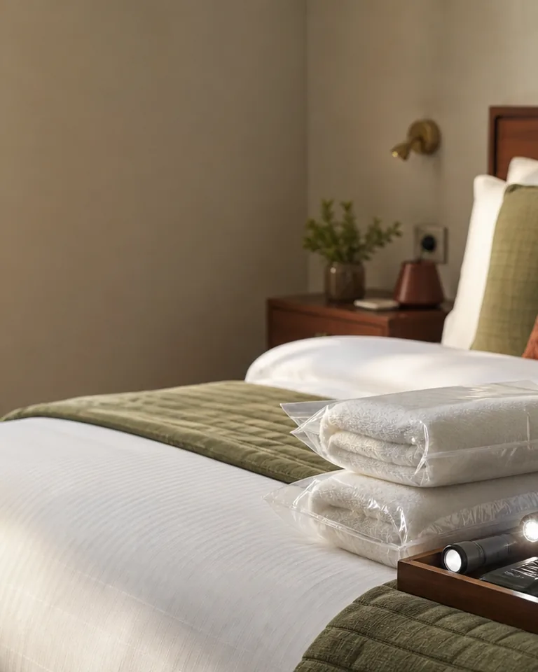 A guest bed made up, towels bagged and an amenity tray laid out after a turnaround