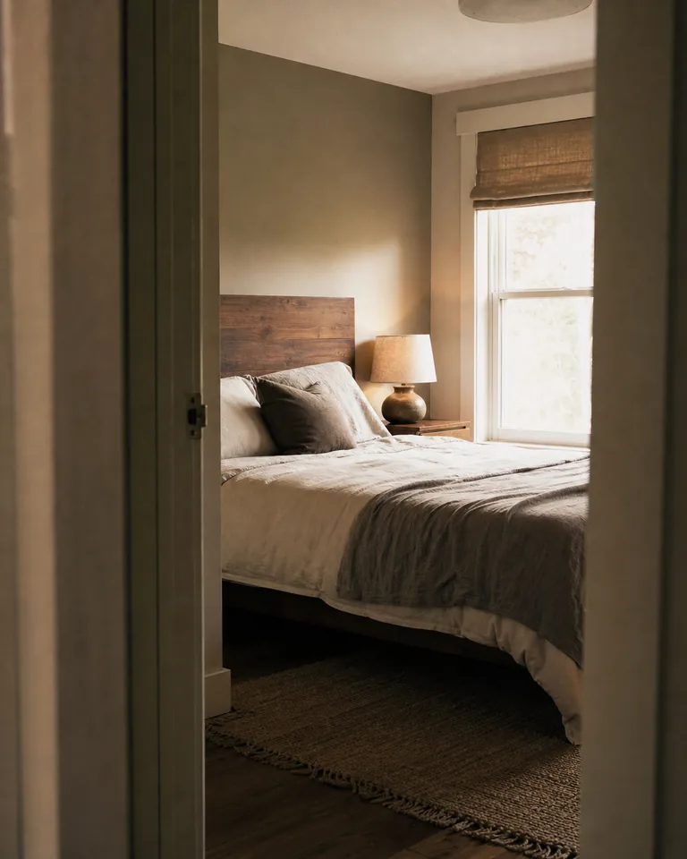 A prepared guest bedroom seen through a part open door