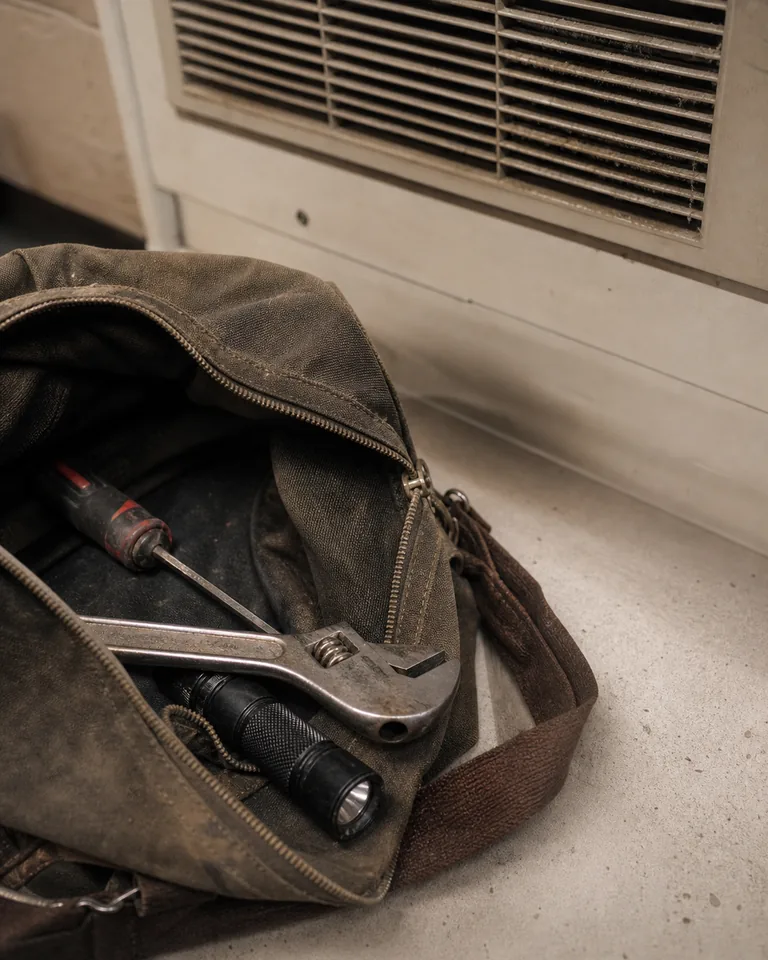 An open tool bag on a utility counter after a maintenance visit