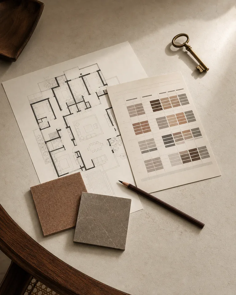 A floor plan and a grid of material swatches, a key and a pencil alongside