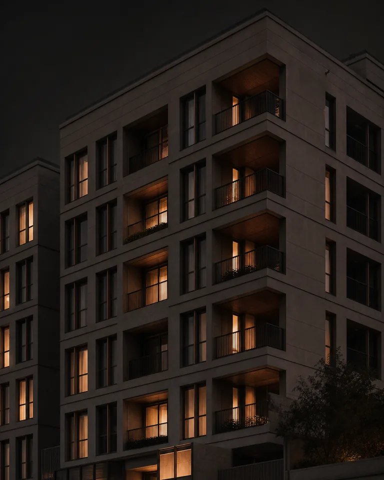 An apartment building in the evening, some windows lit and some dark