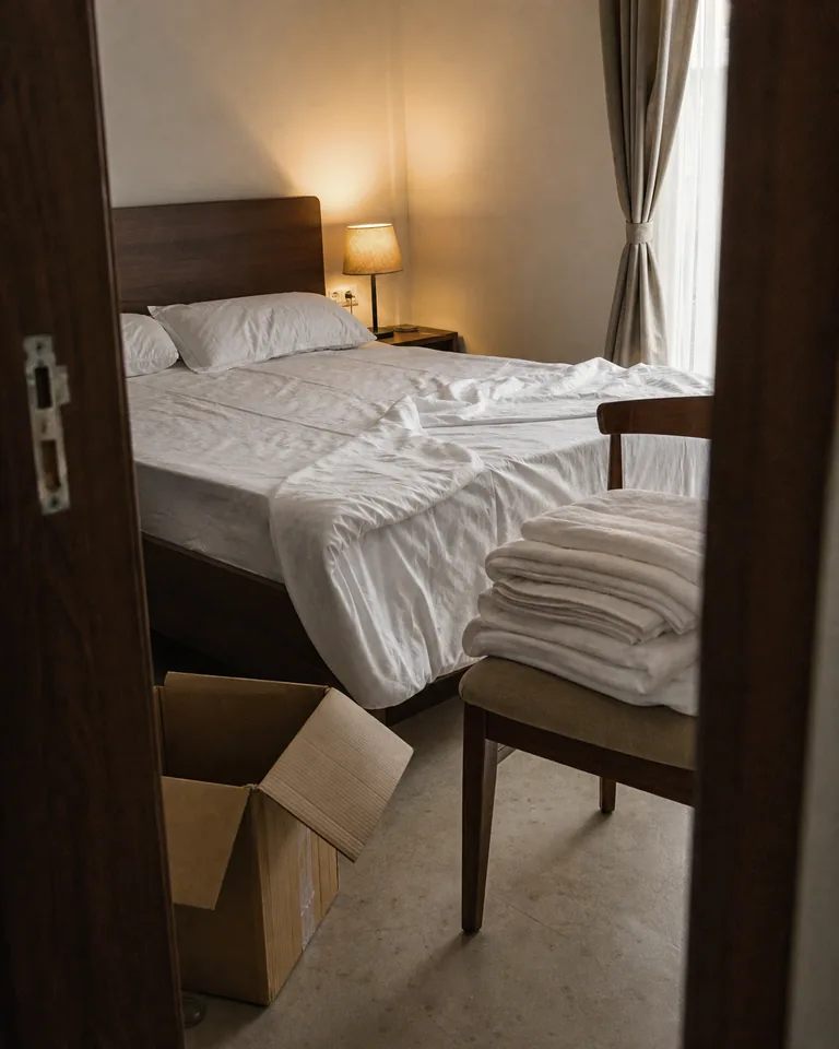 A guest bedroom part way through preparation, an open box and folded towels